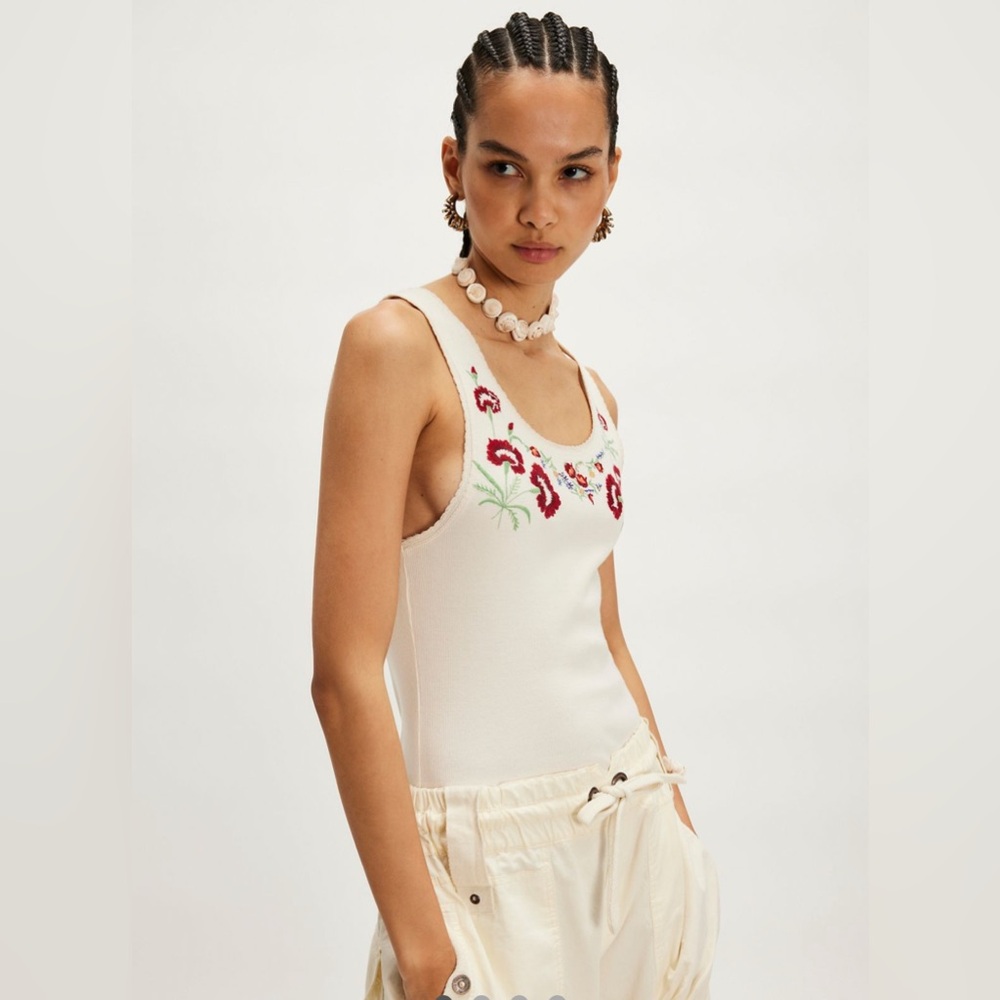 Free People Cream Tank Top with Red Floral Embroidery